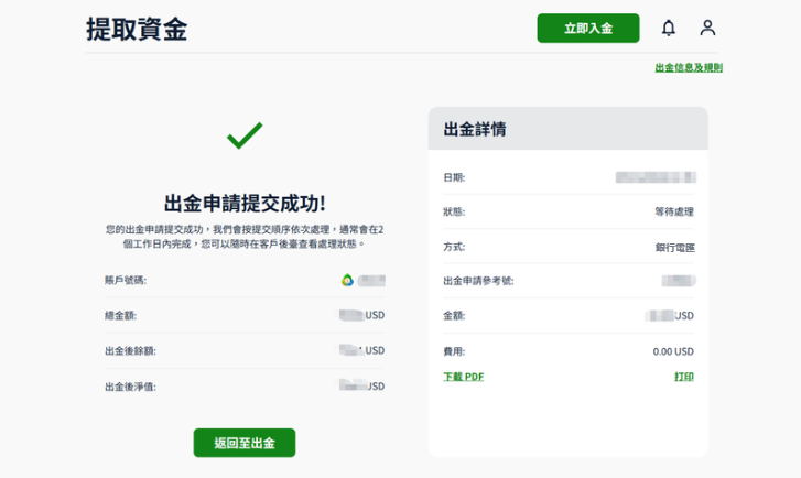 ThinkMarkets(智匯)銀行電匯出金步驟4-出金申請提交成功