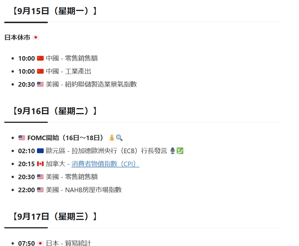 2025年9月15-19日市場關鍵週：美聯儲FOMC降息決議與鮑威爾記者會，日本央行會議與植田總裁發言。還有美零售銷售、日CPI、日自民黨總裁選與地緣政治風險。台港投資人掌握全球脈動。