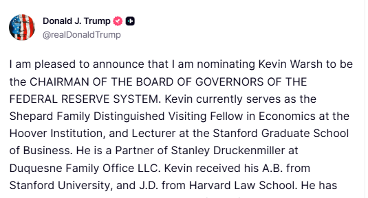 川普總統Truth Social貼文：提名凱文·沃爾什為聯準會主席