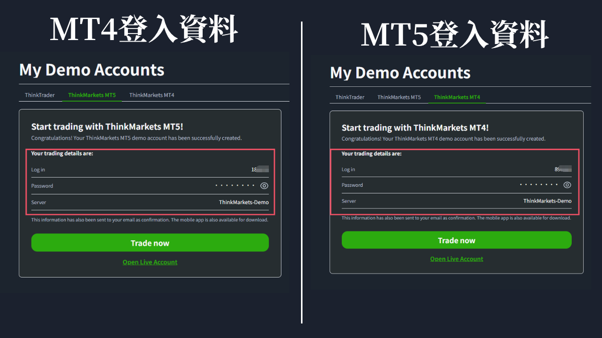 My Demo Accounts的MT5與MT4分頁,各自顯示Log in帳號、Password與Server伺服器名稱