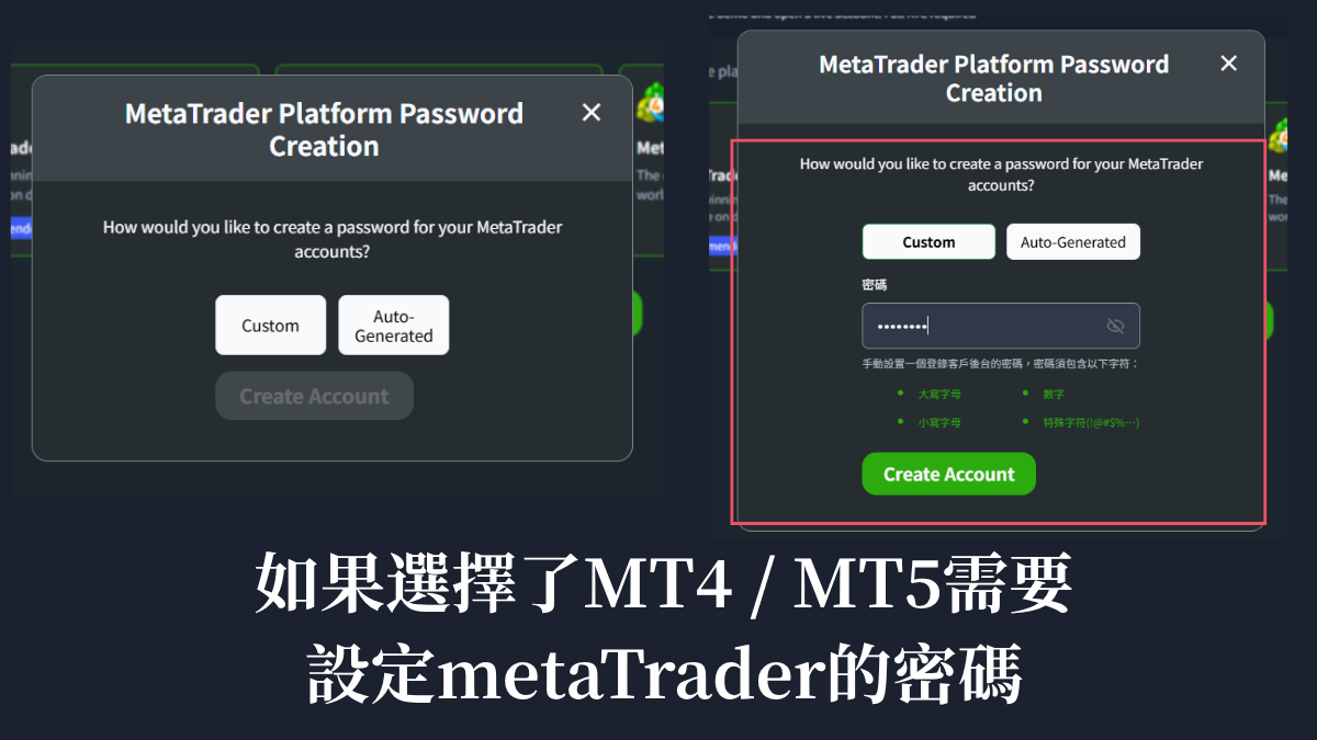 MetaTrader Platform Password Creation視窗,可選Custom自訂或Auto-Generated自動產生