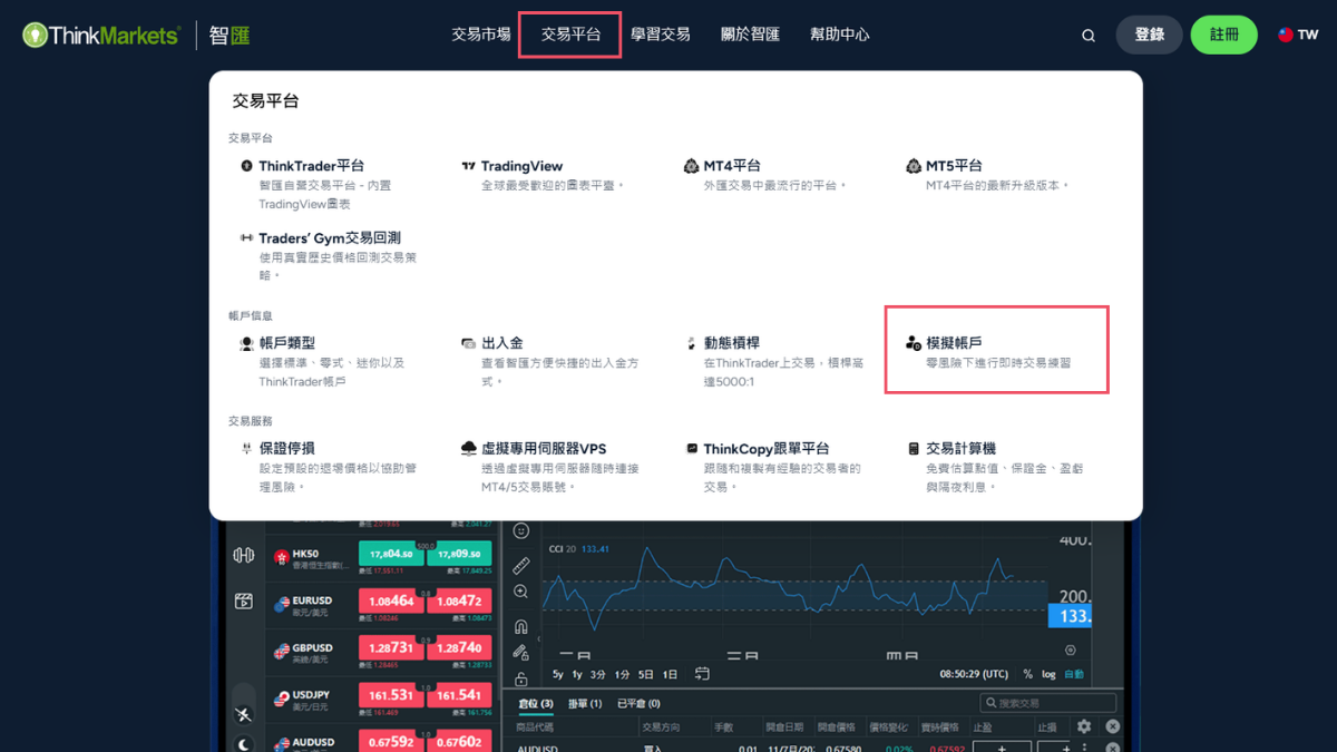 ThinkMarkets官網的交易平台選單,右下角紅框處為模擬帳戶入口