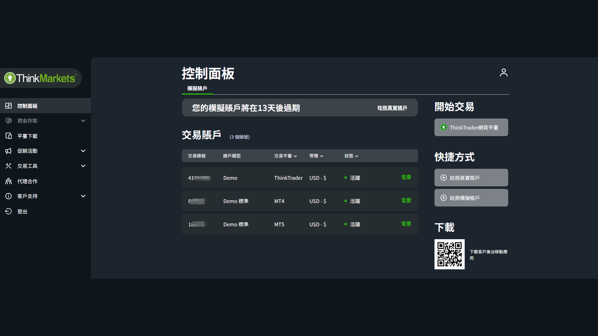 ThinkMarkets客戶後台ThinkPortal的控制面板,顯示三個模擬交易帳戶與過期倒數提示
