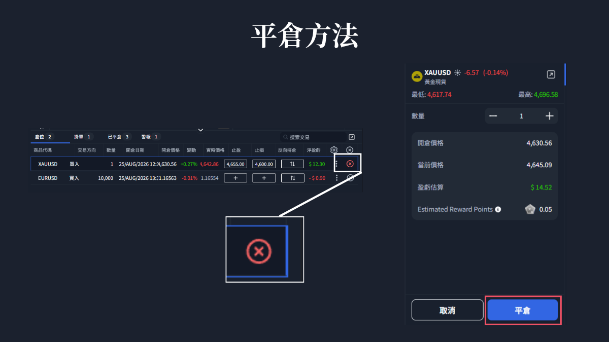 平倉方法：點持倉列右側的叉號，開啟平倉面板
