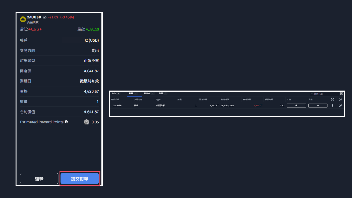 ThinkTrader掛單的確認畫面與掛單列表