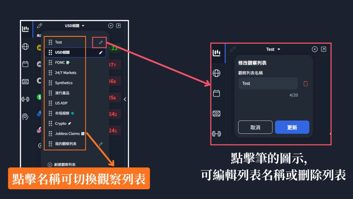 切換與編輯觀察列表：點名稱切換，點鉛筆圖示可改名或刪除