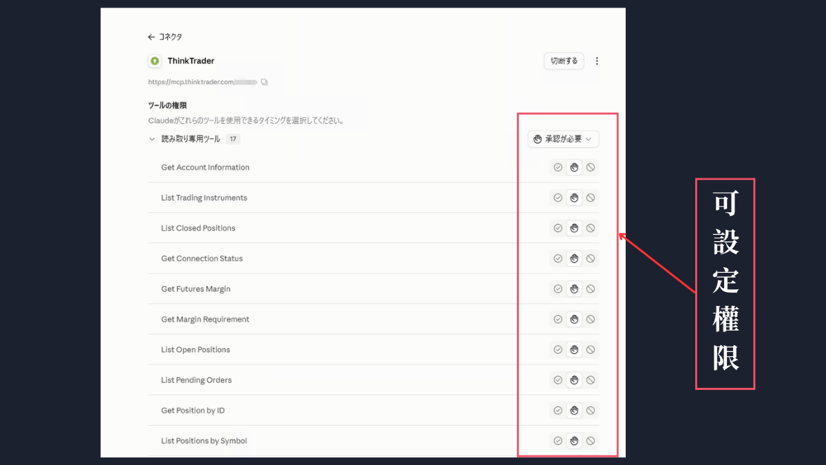 claude.ai的ThinkTrader連接器工具權限設定頁,列出17個唯讀工具