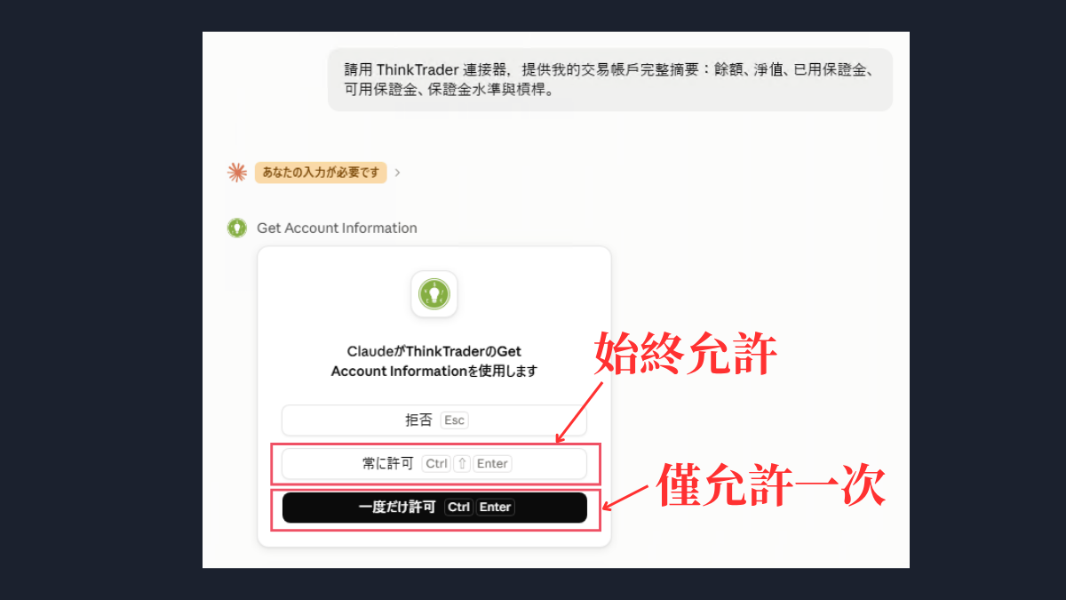 Claude第一次呼叫ThinkTrader工具時的確認框,可選拒絕、始終允許或僅允許一次