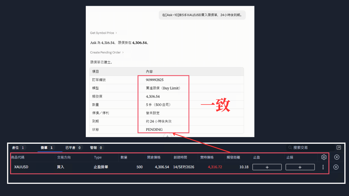 Claude建立的買入限價單明細與ThinkTrader掛單列表對照