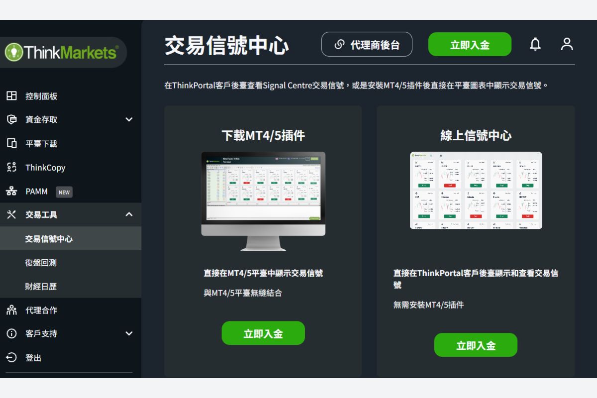 ThinkPortal客戶後台「交易工具」中的交易信號中心(Signal Centre),可下載MT4/5插件或在線上查看