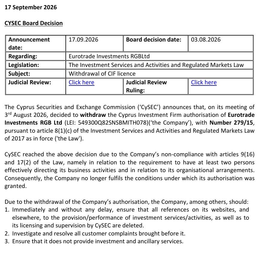CySEC 2026 年 9 月 17 日公告,列明 8 月 3 日決定撤銷 Eurotrade Investments RGB Ltd 的 279/15 號牌照及組織架構違規理由(譯)。