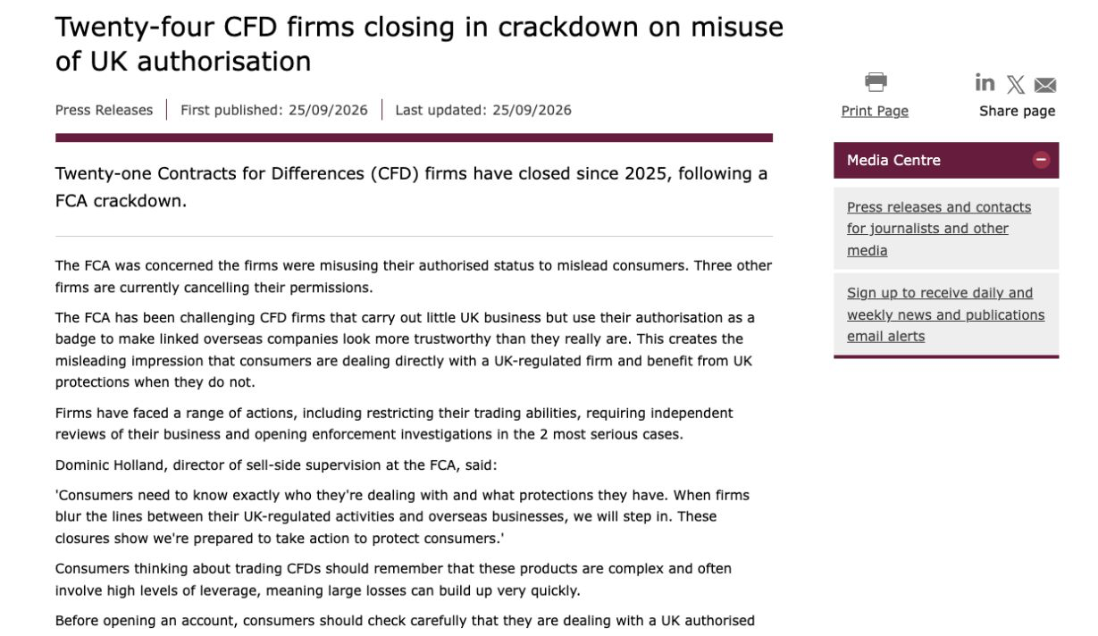FCA 2026 年 9 月 25 日公告：自 2025 年以來 21 家 CFD 業者關閉，另有 3 家正取消授權，2 件個案進入執法調查（譯）。