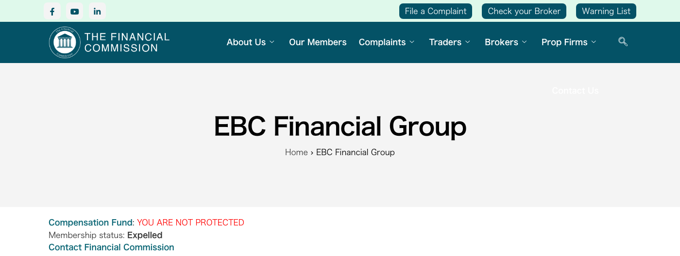 金融委員會網站上 EBC Financial Group 的會員頁面,標題下方以紅字顯示「Compensation Fund: YOU ARE NOT PROTECTED」,其下為「Membership status: Expelled」。