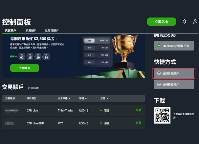 ThinkMarkets（智匯）加開帳戶步驟2-控制面板點擊註冊真實賬戶