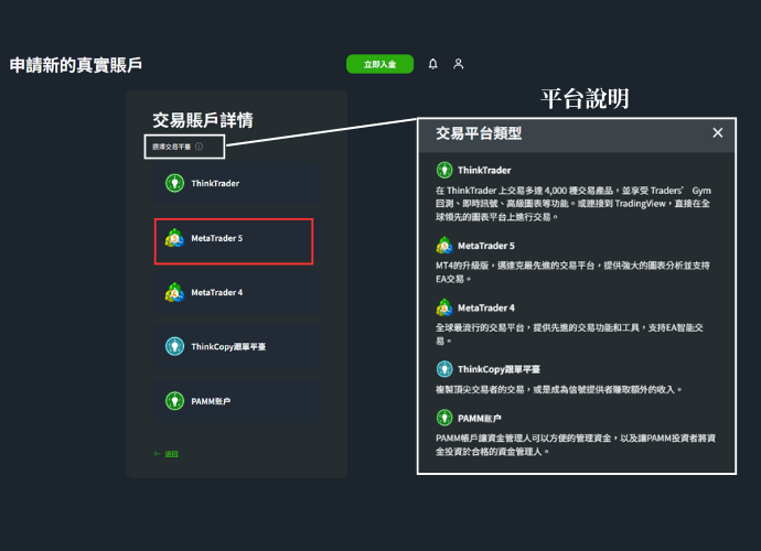 ThinkMarkets（智匯）加開帳戶步驟3-選擇交易平臺與平台說明