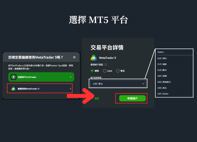 ThinkMarkets（智匯）加開帳戶步驟4-MT5帳戶類型與結算貨幣（無槓桿欄位）