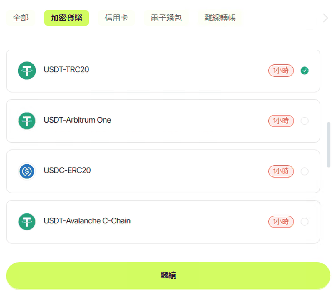 Ultima Markets 加密貨幣入金的幣種與鏈別選單