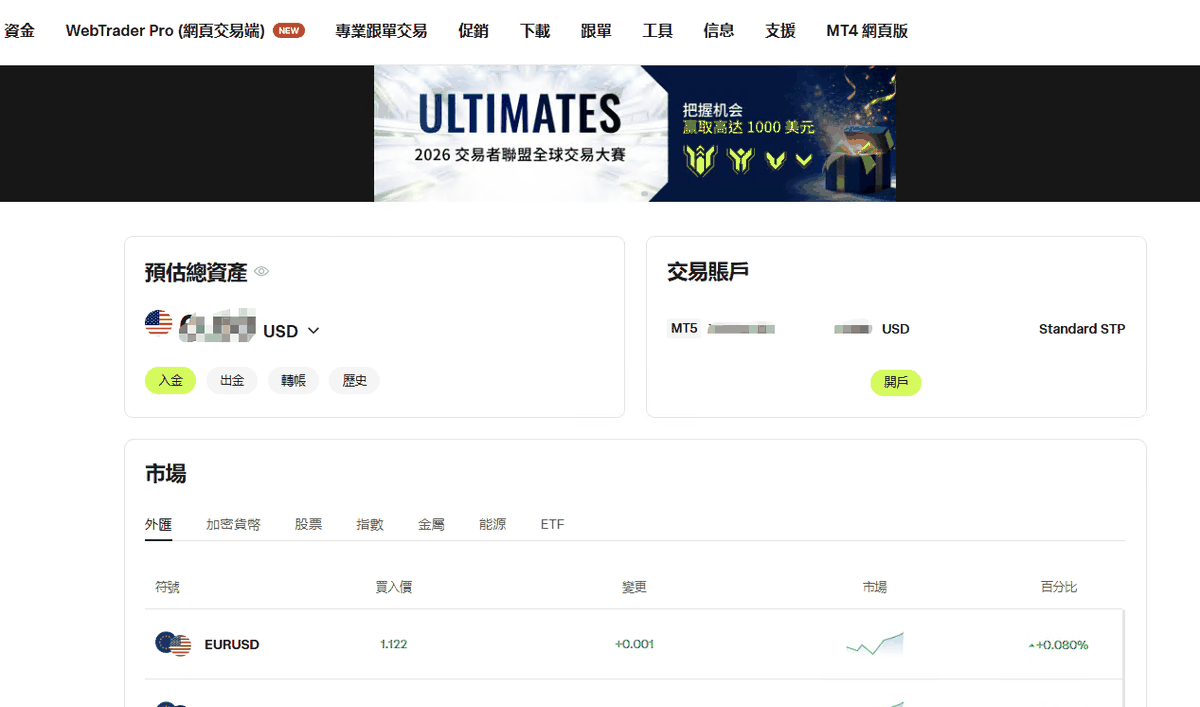Ultima Markets 後台交易賬戶卡片上的開戶按鈕