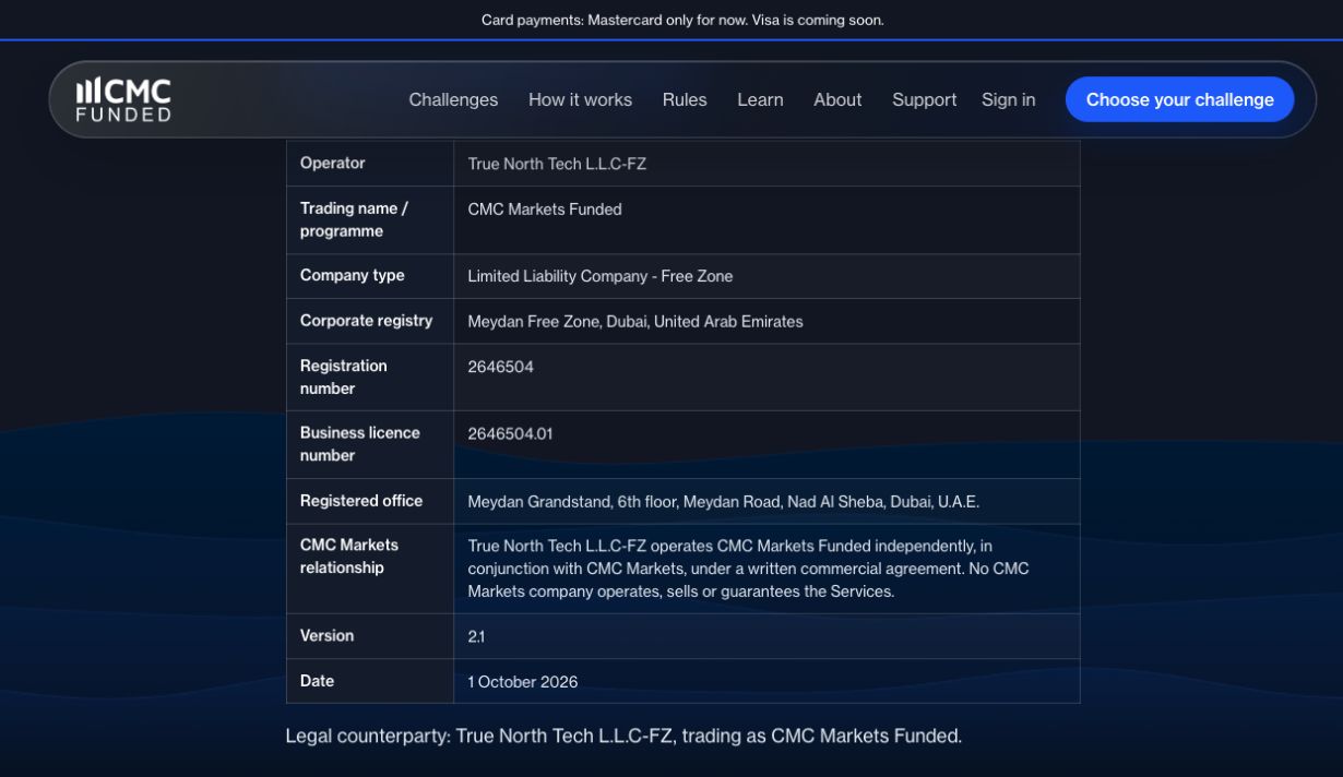 CMC Funded 條款列出 True North Tech 為營運商,並說明該公司獨立營運,CMC 集團不營運、出售或保證評估計畫(譯)