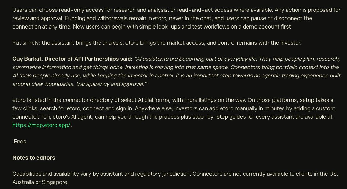 eToro 官方說明:可選唯讀或操作權限,操作交由用戶核准,入出金不在聊天介面執行;美國、澳洲及新加坡客戶暫不適用(譯)