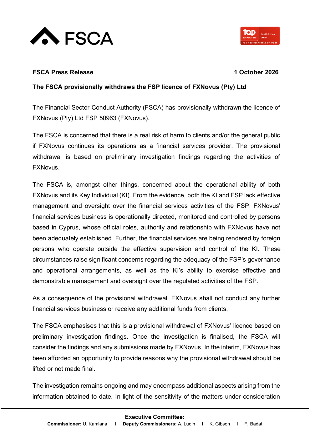 FSCA 2026 年 10 月 1 日公告:暫時撤銷 FXNovus 牌照,禁止繼續提供金融服務或收取客戶資金,調查仍在進行(譯)