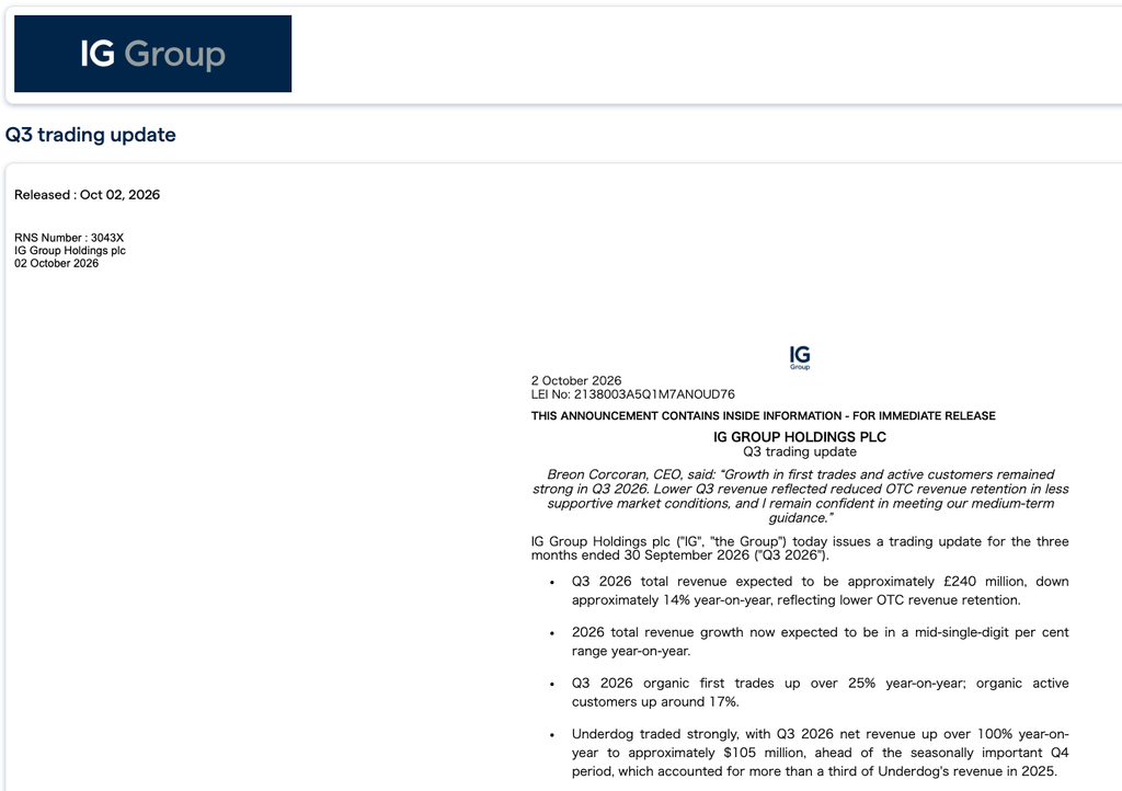 IG Group 2026 年 10 月 2 日第三季業務更新:預估總營收約 2.4 億英鎊,年減約 14%(譯)
