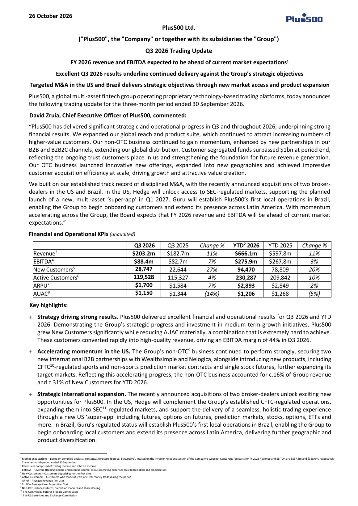 Plus500第三季業績公告第1頁：營收2億320萬美元、EBITDA 8,840萬美元，分別年增11%與7%（譯）