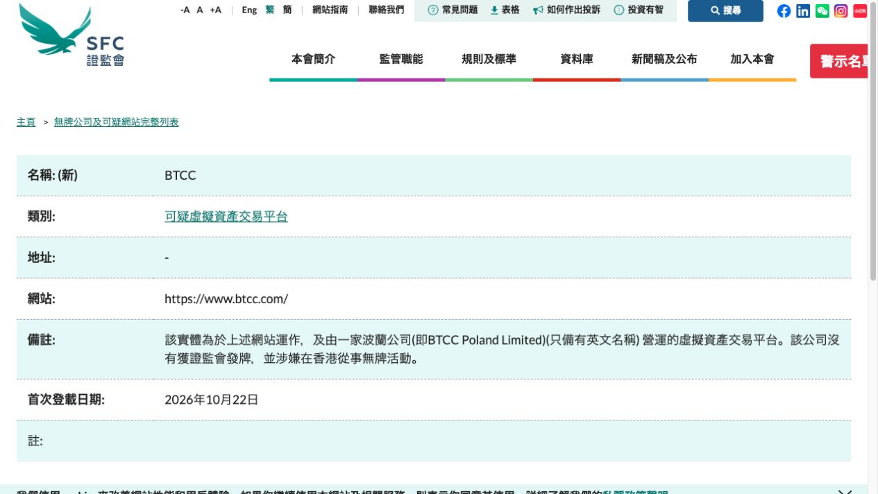 香港證監會BTCC警示頁,列出營運公司、涉嫌無牌活動及2026年10月22日首次登載日期