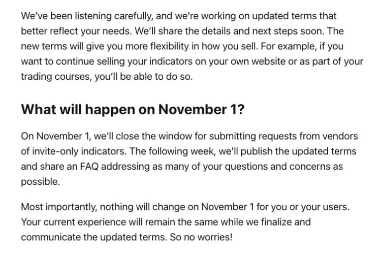 TradingView公告截圖：新版條款將允許自有網站銷售指標，11月1日不改變現有使用方式（譯）