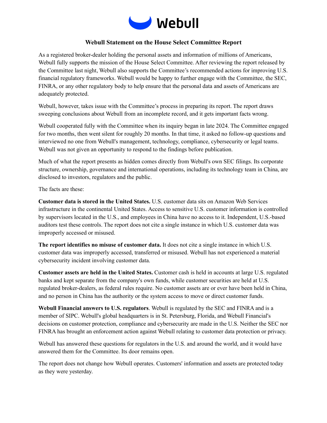 Webull 回應美國眾議院委員會報告的官方聲明,反駁事實錯誤並說明美國客戶資料與資產的管理方式(譯)